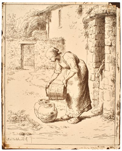 Vrouw die een emmer leegt door Jean-Francois Millet