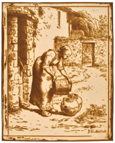 Vrouw die een emmer leegt door Jean-Francois Millet