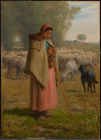 Jong meisje dat haar schapen hoedt door Jean-Francois Millet