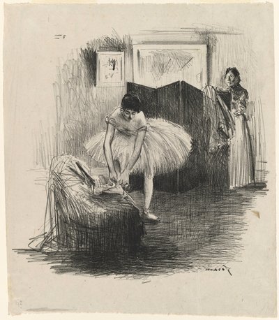 Danseres die haar balletschoen vastbindt door Jean-Louis Forain