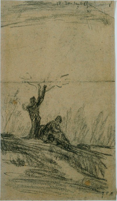 Zittende figuur onder een boom door Jean Francois Millet