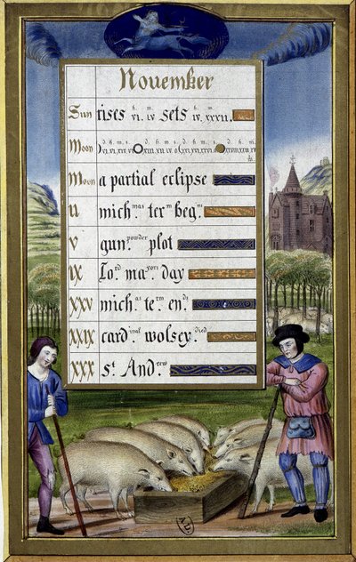 November en teken van boogschutter: varkensfokkerij - facsimile van de Getijden van Anne de Bretagne door Jean (after) Bourdichon