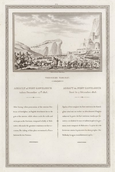 Verovering van het fort van Gawilghur door de Britten onder bevel van Arthur Wellesley, Tweede Anglo-Maratha Oorlog, India door Jean (after) Duplessi Bertaux