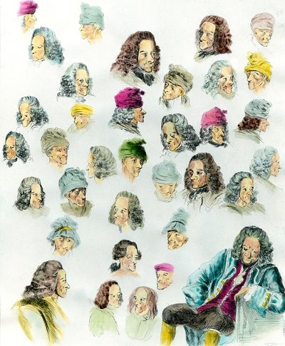 Verschillende uitdrukkingen en kapsels van de schrijver Francois Marie Arouet de Voltaire (1694-1778) gemaakt naar de schilderijen van Jean Huber (1721-1786) door Jean (after) Huber