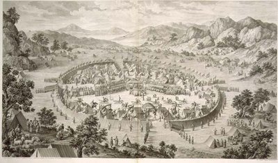 Tchao-Hoei Bezig met Oefeningen en Militaire Spelen in 1758, plaat 5 uit een serie prenten die de veroveringen van Qianlong, de Keizer van China, voorstellen, gegraveerd door Pierre Philippe Choffard, 1772 door Jean (d.1781) (after) Damascene