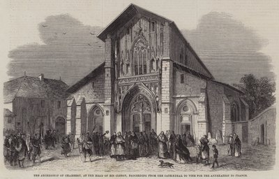 De Aartsbisschop van Chambéry, aan het hoofd van zijn Geestelijkheid, die van de Kathedraal naar de Stembus gaat voor de Annexatie aan Frankrijk door Jean Adolphe Beauce