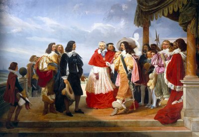 Nicolas Poussin Franse schilder die uit Rome komt wordt voorgesteld aan Lodewijk XIII Koning van Frankrijk door Kardinaal Richelieu (detail) door Jean Alaux