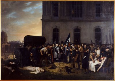Tijdelijke begrafenis van de slachtoffers van juli voor de colonnade van het Louvre door Jean Alphonse Roehn