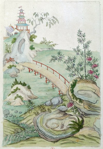 Tekening van een Chinese vaas: landschap met brug. Schilderij door Jean Antoine Fraisse (18e eeuw) door Jean Antoine Fraisse