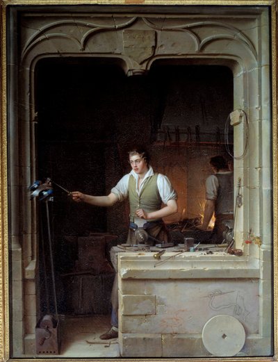 Een slotenmaker probeert zijn vijl aan een gaai te laten bijten. Illustratie voor Jean de La Fontaine