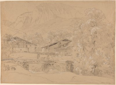 Een zomers alpendorp (zwart krijt en grafiet gehoogd met wit krijt op bruin papier) door Jean Antoine Linck