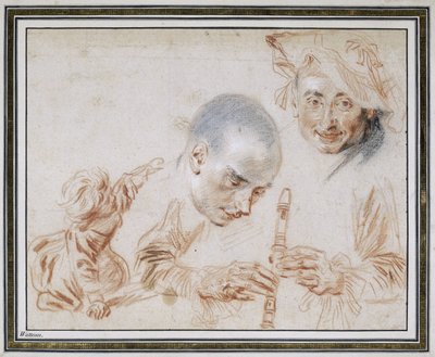 Hurkend kind, twee mannelijke hoofden, een met baret, armen en handen van een blokfluitspeler door Jean Antoine Watteau