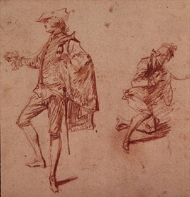Tekening van een jonge man staand en een andere knielend door Jean Antoine Watteau