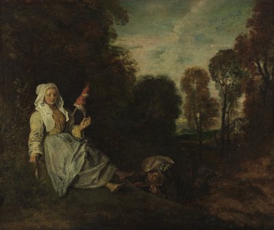 Avondlandschap met spinner door Jean Antoine Watteau