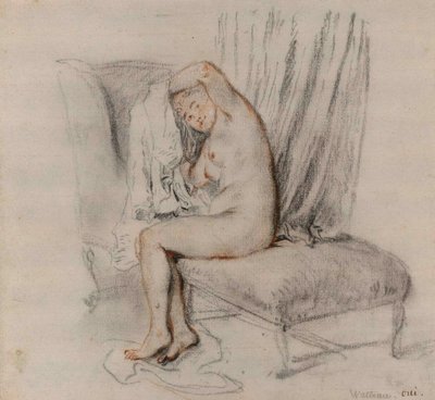 Naakte vrouw die haar hemd uittrekt door Jean Antoine Watteau