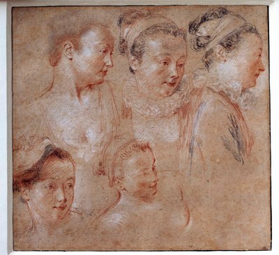 Vijf kapsels van vrouwen door Jean Antoine Watteau