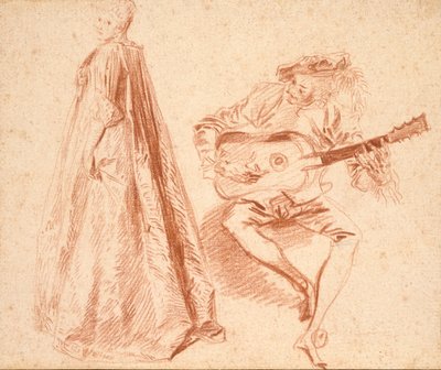 Meisje staand in profiel naar links, met een Man, spelend op een Gitaar, begin 18e eeuw door Jean Antoine Watteau
