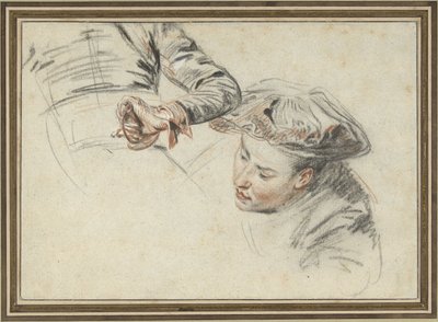 Manskop met baret en een hand aan een gevest door Jean Antoine Watteau