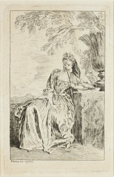 Zittende vrouw, leunend op een voetstuk door Jean Antoine Watteau
