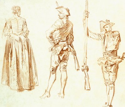 Studie van een jonge vrouw en twee jagers, ca.1712-13 door Jean Antoine Watteau