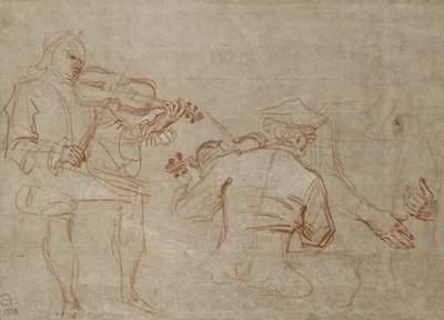 Studie van twee violisten en een paar handen, die een arm vasthouden door Jean Antoine Watteau