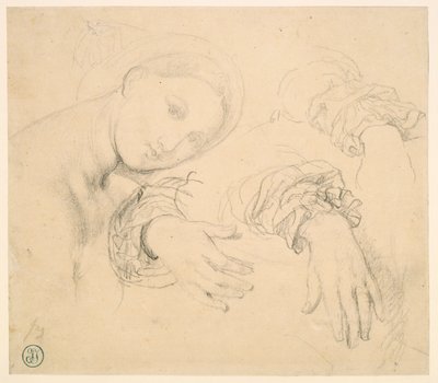 Blad met studies van het hoofd van de Fornarina en handen van Madame de Senonnes door Jean Auguste Dominique Ingres