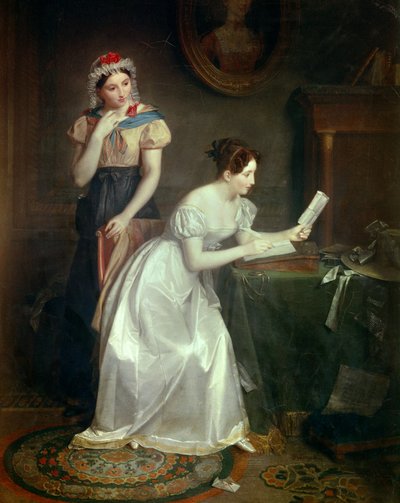 Het antwoord op de brief Een jonge vrouw haast zich om de brief van haar geliefde te beantwoorden door Jean Augustin Franquelin
