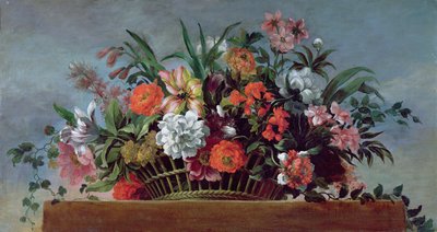 Gevlochten mand gevuld met bloemen door Jean Baptiste Belin de Fontenay