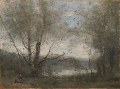 Een vijver gezien door de bomen door Jean Baptiste Camille Corot