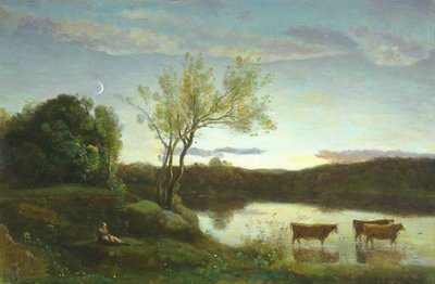 Een Vijver met drie Koeien en een Halve Maan door Jean Baptiste Camille Corot