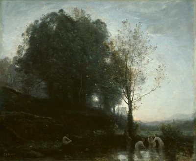Badende nimfen en kind door Jean Baptiste Camille Corot