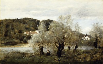 Visser aan de rand van een vijver in het dorp Avary door Jean Baptiste Camille Corot