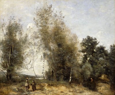 Groep Bomen aan de Rand van een Vijver met Drie Boeren door Jean Baptiste Camille Corot