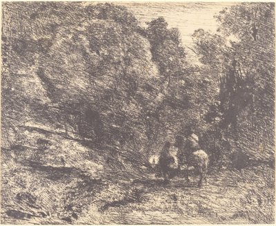 Ruiter en Zwerver in het Bos Le Cavalier en forêt et le piéton, 1854 door Jean Baptiste Camille Corot