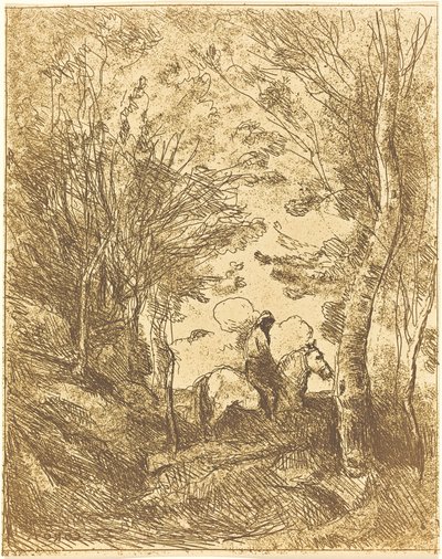 Ruiter in het bos, grote plaat (Le Grand Cavalier sous bois) door Jean Baptiste Camille Corot