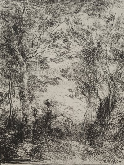 Ruiter in het bos, originele indruk 1854, gedrukt in 1921 door Jean Baptiste Camille Corot