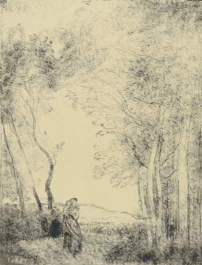 Jonge moeder bij de ingang van een bos door Jean Baptiste Camille Corot