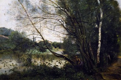 Meer met de scheve boomstam door Jean Baptiste Camille Corot