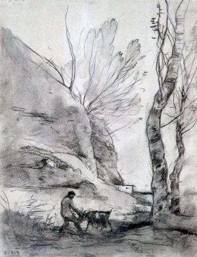 Man worstelt met een geit, ca. 1816-1875 door Jean Baptiste Camille Corot