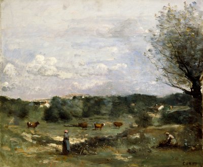 Weide met Koeien, een Wilg aan de rechterkant en een Verafgelegen Dorp door Jean Baptiste Camille Corot