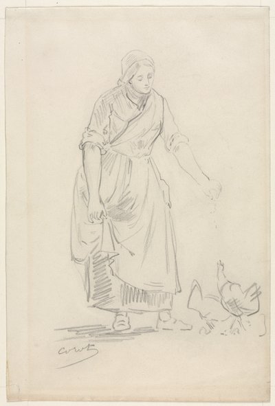 Boerenmeisje dat kippen voert door Jean Baptiste Camille Corot