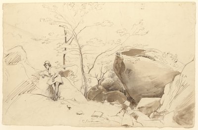 Pen en bruine inkt, penseel en bruin gewassen over potlood op papier door Jean Baptiste Camille Corot