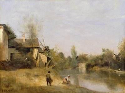Oever van de rivier bij Mery sur Seine, Aube, ca. 1870 door Jean Baptiste Camille Corot