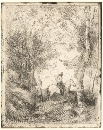 De Ruiter in het Bos, grote plaat door Jean Baptiste Camille Corot