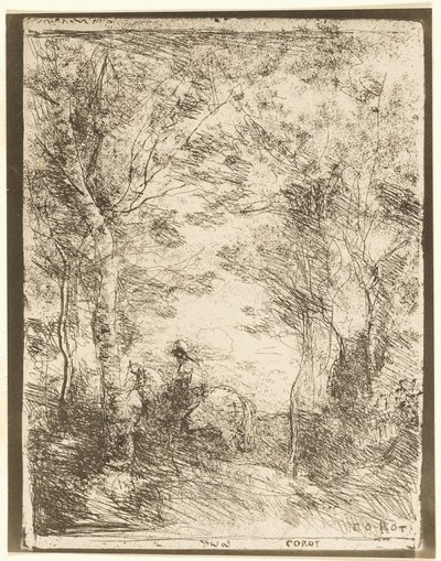 De ruiter in het bos, kleine plaat door Jean Baptiste Camille Corot