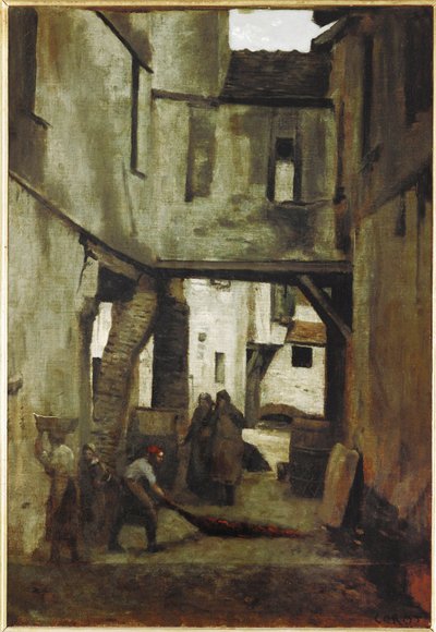 De leerlooierijen van Mantes, Frankrijk ... door Jean Baptiste Camille Corot