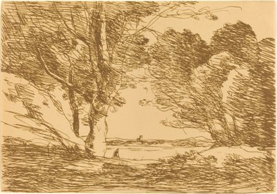 Toren aan de horizon van een meer door Jean Baptiste Camille Corot