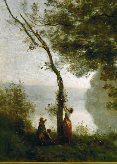 Boom en vrouw. Souvenir van Mortefontaine, Frankrijk ... door Jean Baptiste Camille Corot