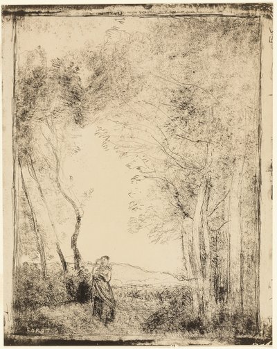 Jonge moeder aan de rand van het bos door Jean Baptiste Camille Corot