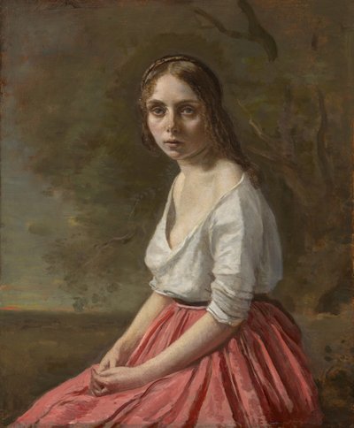 Jonge Vrouw in een Roze Rok door Jean Baptiste Camille Corot